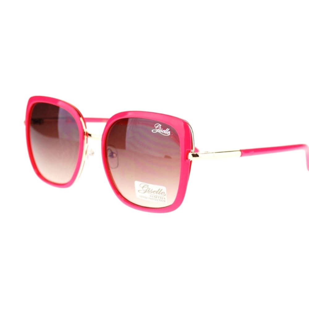 Sunglasses Womens OS Hot Pink New Giselle‎ Square Gold Trim UV400 Gradient Lens